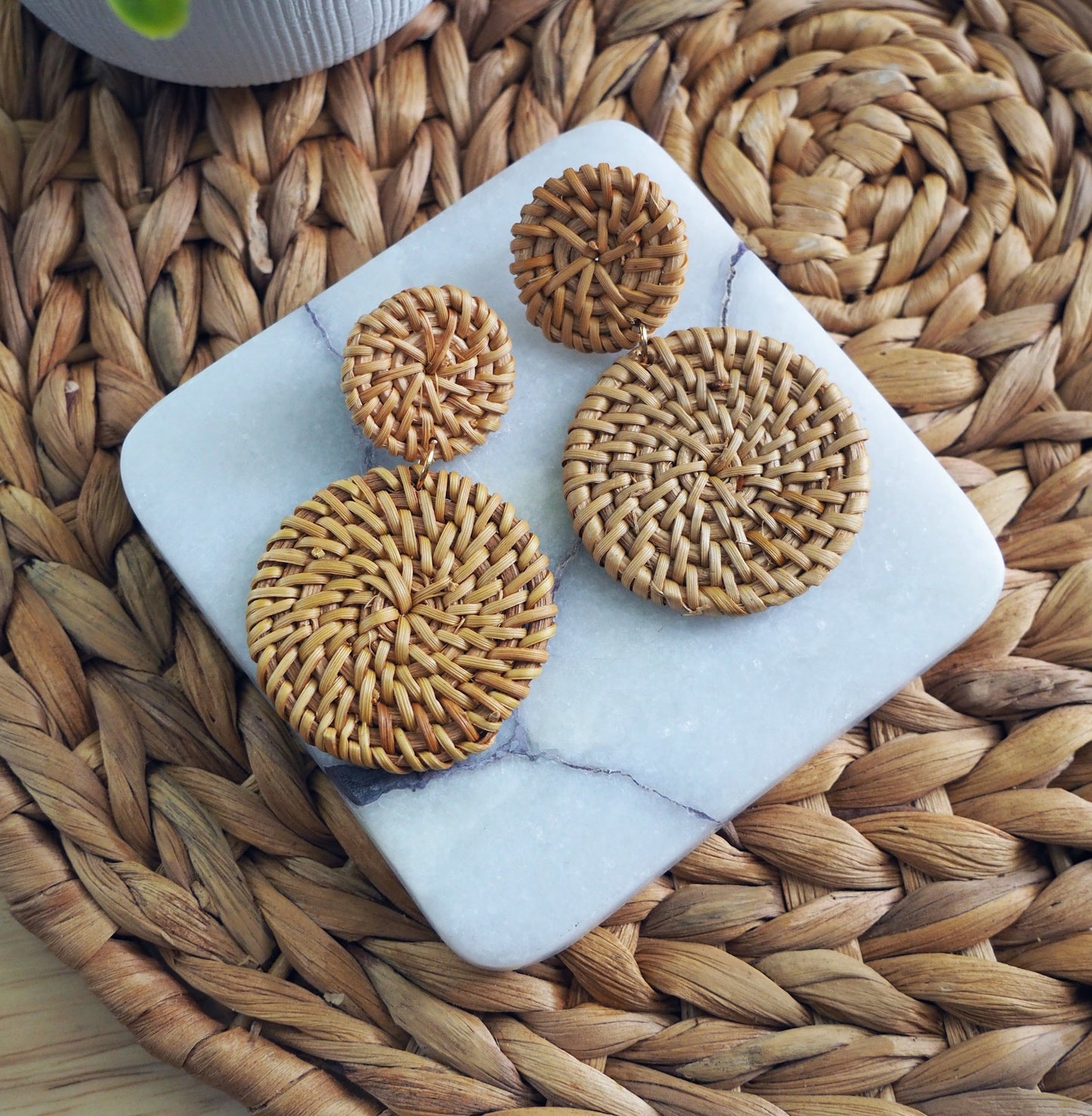 Tan Double Circle Rattan Earring