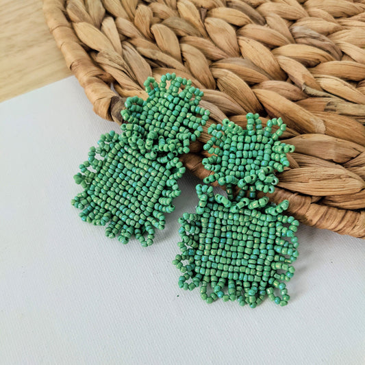 Green Beaded Double Square Earring