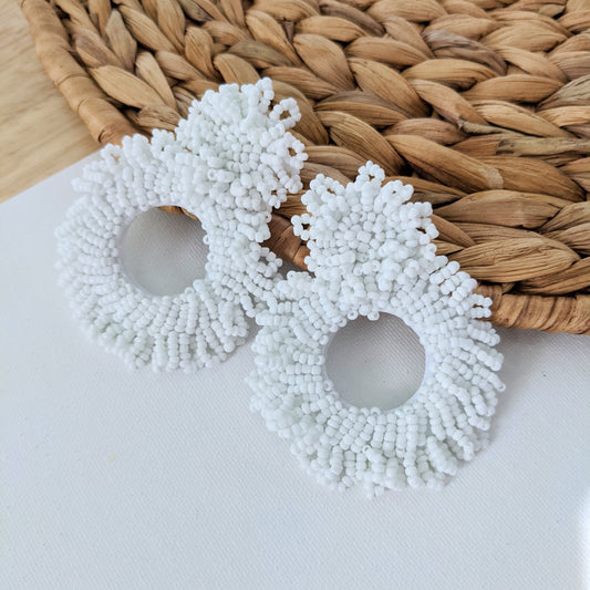 White Beaded O Shaped Earring