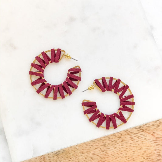 Maroon Woven Leather Hoop Earrings